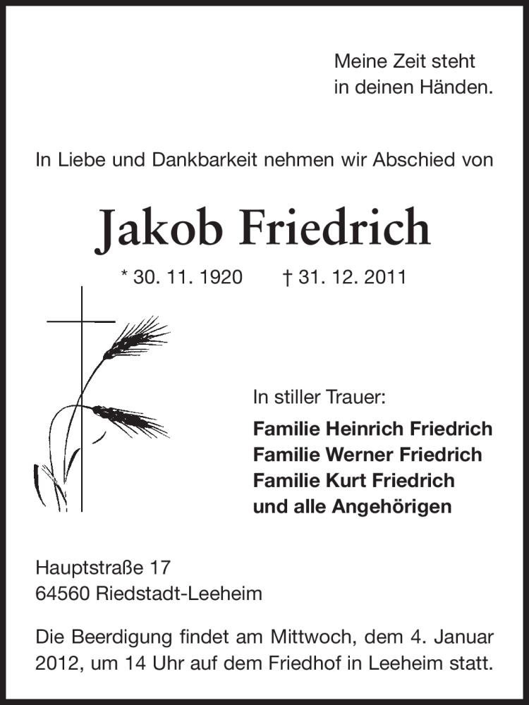  Traueranzeige für Jakob Friedrich vom 03.01.2012 aus Rüsselsheimer Echo, Groß-Gerauer-Echo, Ried Echo