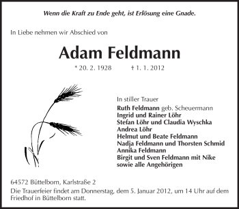 Traueranzeige von Adam Feldmann von Rüsselsheimer Echo, Groß-Gerauer-Echo, Ried Echo