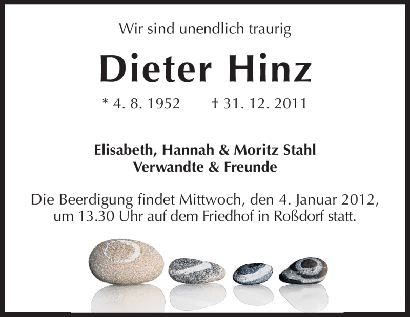  Traueranzeige für Dieter Hinz vom 03.01.2012 aus Echo-Zeitungen (Gesamtausgabe)