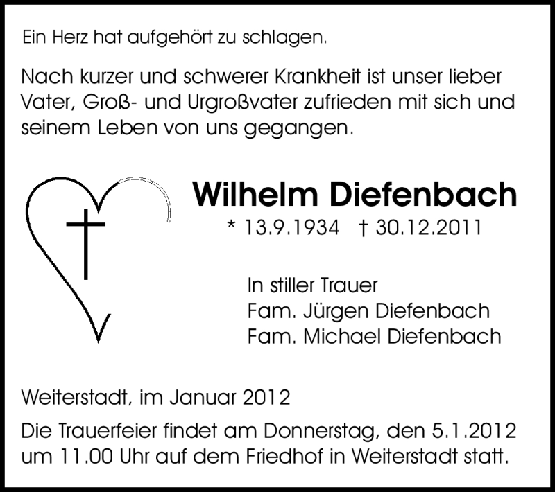  Traueranzeige für Wilhelm Diefenbach vom 03.01.2012 aus Echo-Zeitungen (Gesamtausgabe)