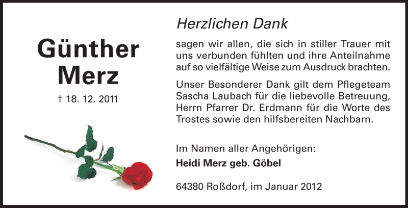  Traueranzeige für Günther Merz vom 07.01.2012 aus Echo-Zeitungen (Gesamtausgabe)
