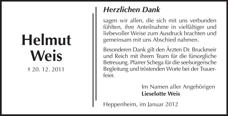  Traueranzeige für Helmut Weis vom 04.01.2012 aus Starkenburger Echo