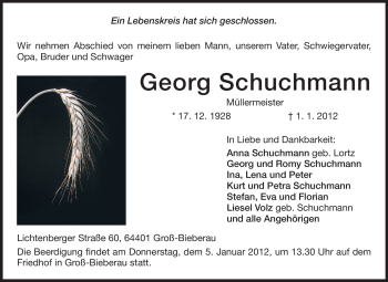 Traueranzeige von Georg Schuchmann von Echo-Zeitungen (Gesamtausgabe)