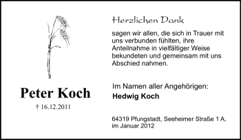 Traueranzeige von Peter Koch von Echo-Zeitungen (Gesamtausgabe)