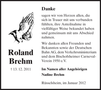 Traueranzeige von Roland Brehm von Rüsselsheimer Echo, Groß-Gerauer-Echo, Ried Echo