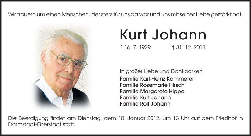  Traueranzeige für Kurt Johann vom 04.01.2012 aus Echo-Zeitungen (Gesamtausgabe)