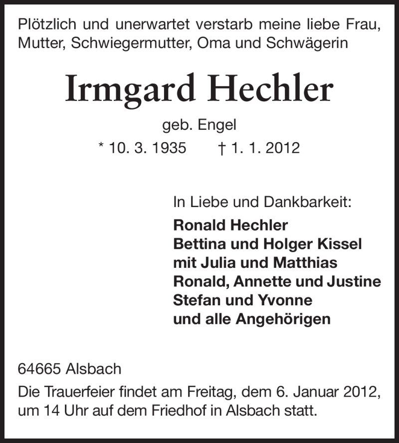  Traueranzeige für Irmgard Hechler vom 04.01.2012 aus Echo-Zeitungen (Gesamtausgabe)