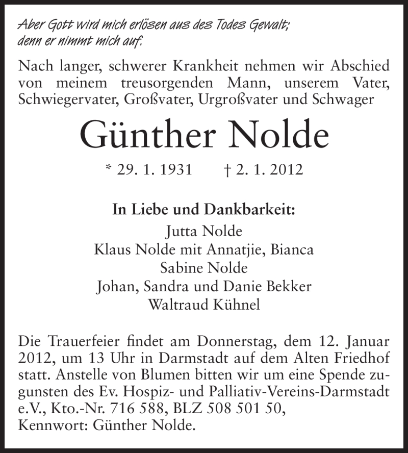  Traueranzeige für Günther Nolde vom 07.01.2012 aus Echo-Zeitungen (Gesamtausgabe)