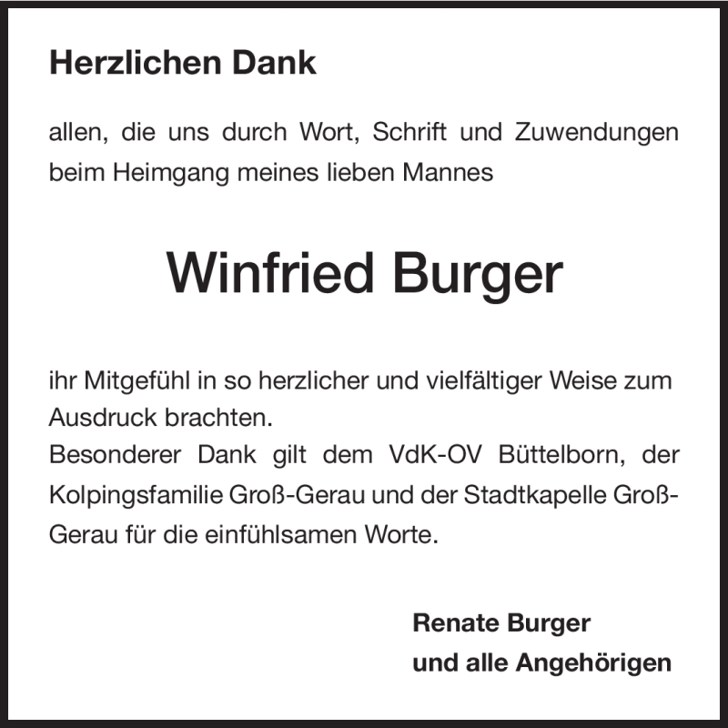  Traueranzeige für Winfried Burger vom 06.01.2012 aus Rüsselsheimer Echo, Groß-Gerauer-Echo, Ried Echo