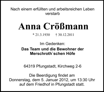 Traueranzeige von Anna Crößmann von Echo-Zeitungen (Gesamtausgabe)