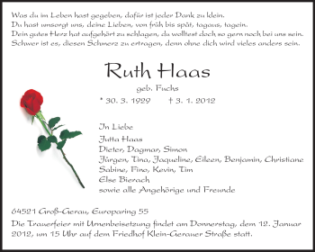 Traueranzeige von Ruth Haas von Rüsselsheimer Echo, Groß-Gerauer-Echo, Ried Echo