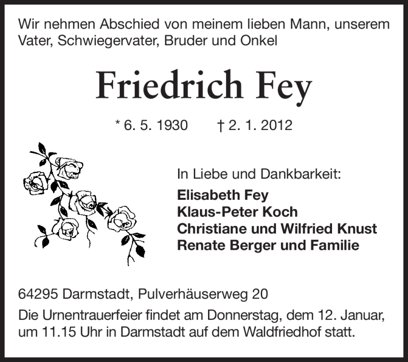  Traueranzeige für Friedrich Fey vom 07.01.2012 aus Echo-Zeitungen (Gesamtausgabe)