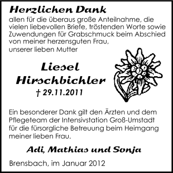 Traueranzeige von Liesel Hirschbichler von Echo-Zeitungen (Gesamtausgabe)