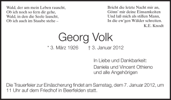 Traueranzeige von Georg Volk von Odenwälder Echo