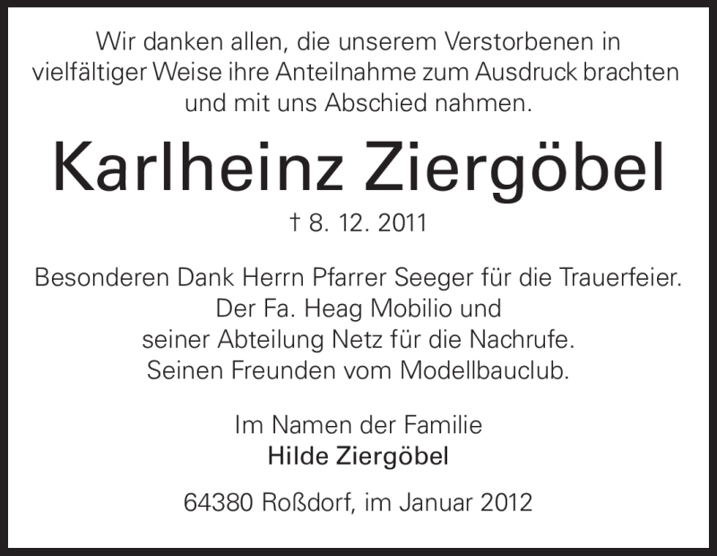  Traueranzeige für Karlheinz Ziergöbel vom 07.01.2012 aus Echo-Zeitungen (Gesamtausgabe)