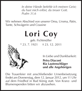 Traueranzeige von Lori Coy von Echo-Zeitungen (Gesamtausgabe)