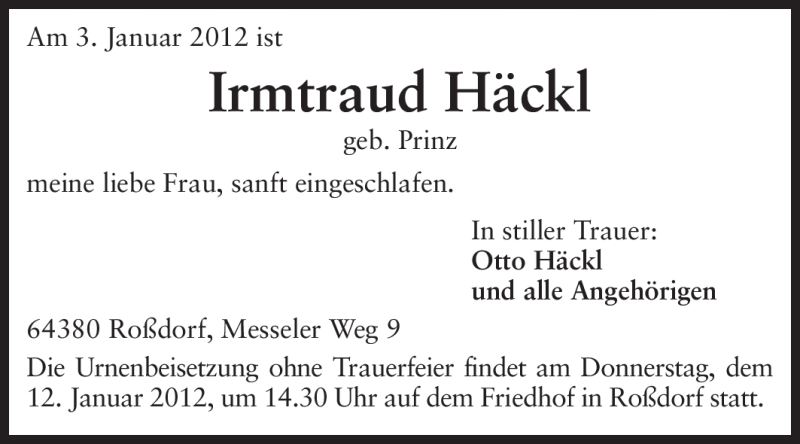  Traueranzeige für Irmtraud Häckl vom 06.01.2012 aus Echo-Zeitungen (Gesamtausgabe)