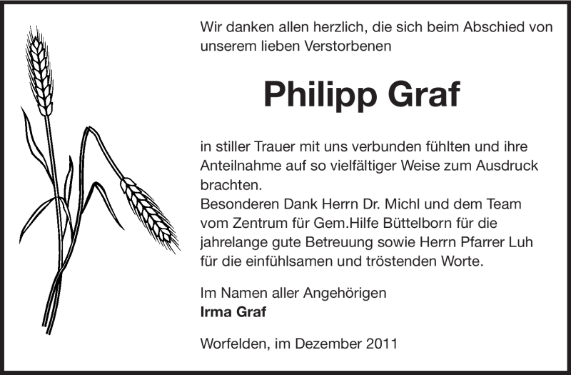  Traueranzeige für Philipp Graf vom 07.01.2012 aus Echo-Zeitungen (Gesamtausgabe)