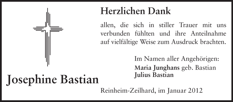  Traueranzeige für Josephine Bastian vom 07.01.2012 aus Echo-Zeitungen (Gesamtausgabe)