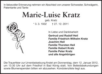 Traueranzeige von Marie-Luise Kratz von Odenwälder Echo