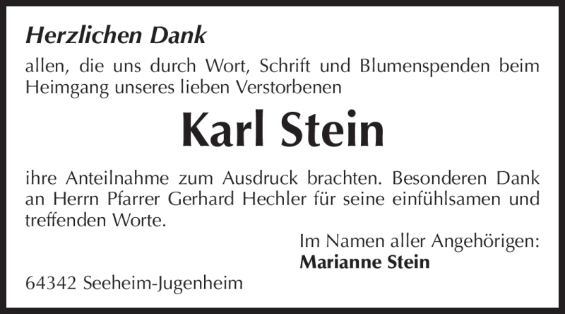  Traueranzeige für Karl Stein vom 07.01.2012 aus Echo-Zeitungen (Gesamtausgabe)