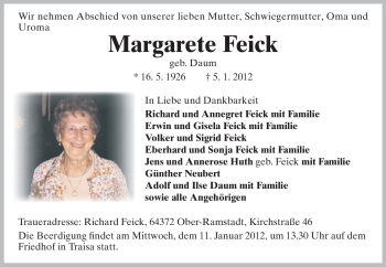 Traueranzeige von Margarete Feick von Echo-Zeitungen (Gesamtausgabe)