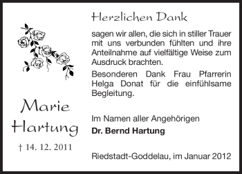 Traueranzeige von Marie Hartung von Darmstädter Echo, Odenwälder Echo, Rüsselsheimer Echo, Groß-Gerauer-Echo, Ried Echo