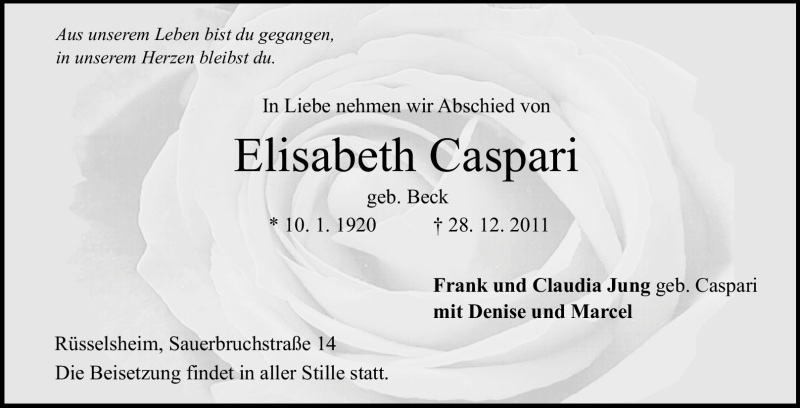  Traueranzeige für Elisabeth Caspari vom 07.01.2012 aus Rüsselsheimer Echo, Groß-Gerauer-Echo, Ried Echo