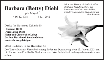Traueranzeige von Barbara Diehl von Rüsselsheimer Echo, Groß-Gerauer-Echo, Ried Echo