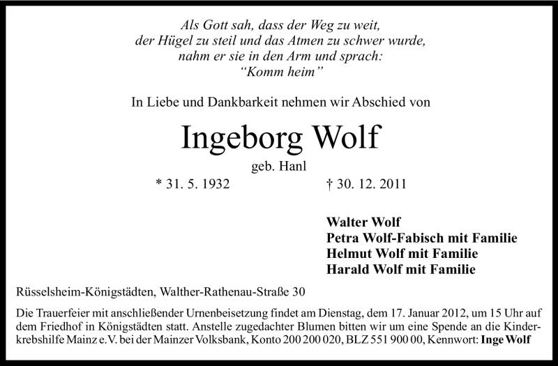  Traueranzeige für Ingeborg Wolf vom 07.01.2012 aus Rüsselsheimer Echo, Groß-Gerauer-Echo, Ried Echo