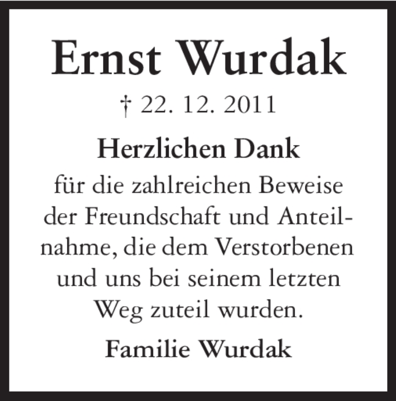  Traueranzeige für Ernst Wurdak vom 07.01.2012 aus Echo-Zeitungen (Gesamtausgabe)