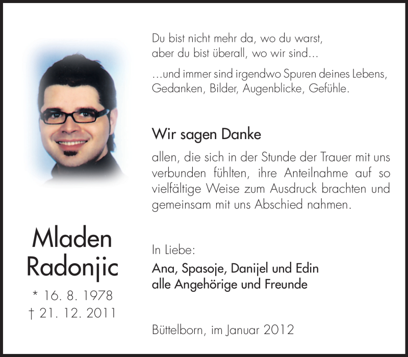  Traueranzeige für Mladen Radonjic vom 07.01.2012 aus Rüsselsheimer Echo, Groß-Gerauer-Echo, Ried Echo
