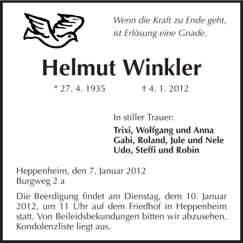 Traueranzeige von Helmut Winkler von Starkenburger Echo