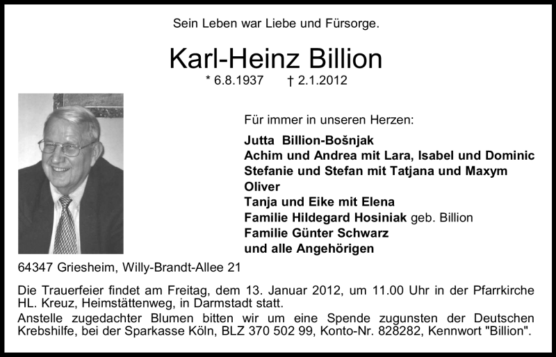  Traueranzeige für Karl-Heinz Billion vom 07.01.2012 aus Echo-Zeitungen (Gesamtausgabe)