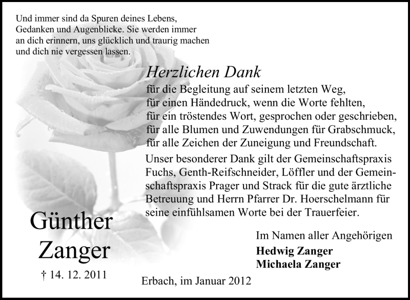  Traueranzeige für Günther Zanger vom 07.01.2012 aus Odenwälder Echo