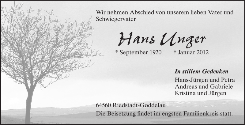  Traueranzeige für Hans Unger vom 07.01.2012 aus Rüsselsheimer Echo, Groß-Gerauer-Echo, Ried Echo