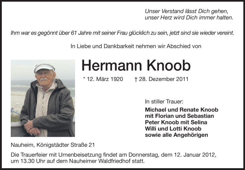  Traueranzeige für Hermann Knoob vom 07.01.2012 aus Rüsselsheimer Echo, Groß-Gerauer-Echo, Ried Echo