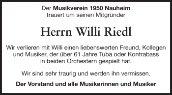 Traueranzeige von Willi Riedl von Rüsselsheimer Echo, Groß-Gerauer-Echo, Ried Echo
