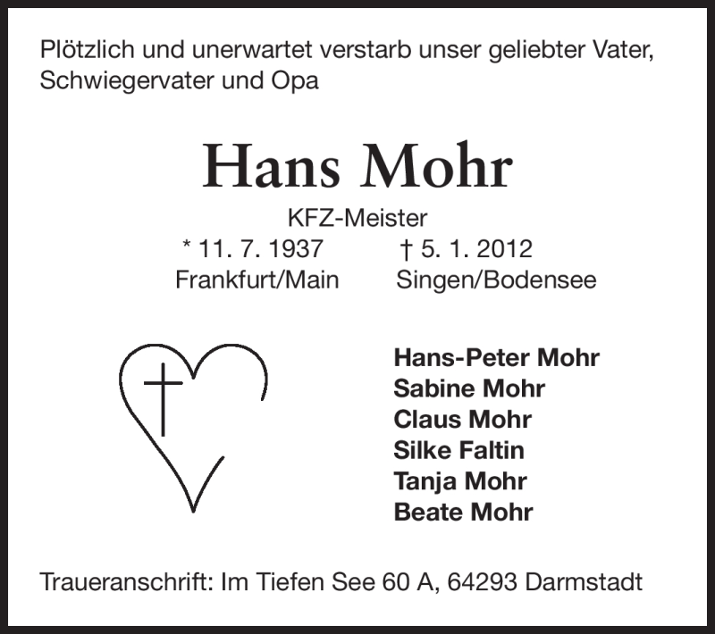  Traueranzeige für Hans Mohr vom 07.01.2012 aus Echo-Zeitungen (Gesamtausgabe)