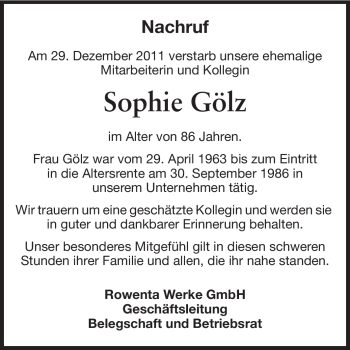 Traueranzeige von Sophie Gölz von Odenwälder Echo