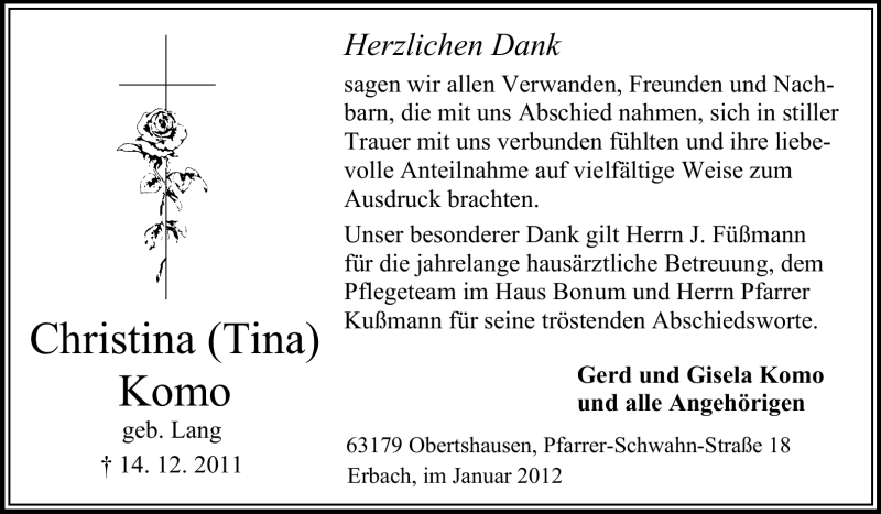  Traueranzeige für Christina Komo vom 14.01.2012 aus Odenwälder Echo