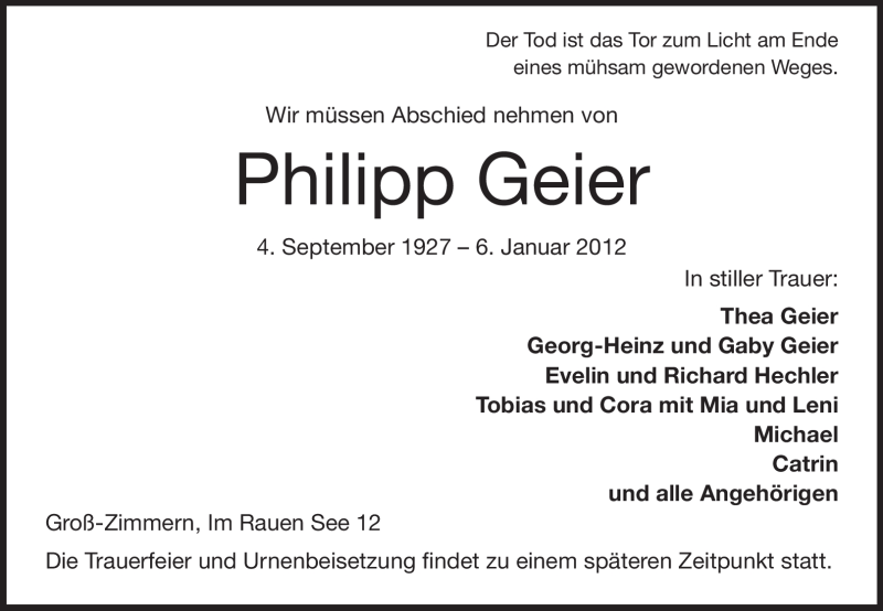 Traueranzeige für Philipp Geier vom 09.01.2012 aus Echo-Zeitungen (Gesamtausgabe)