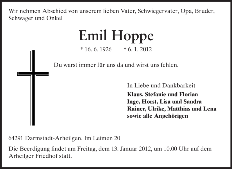  Traueranzeige für Emil Hoppe vom 09.01.2012 aus Echo-Zeitungen (Gesamtausgabe)