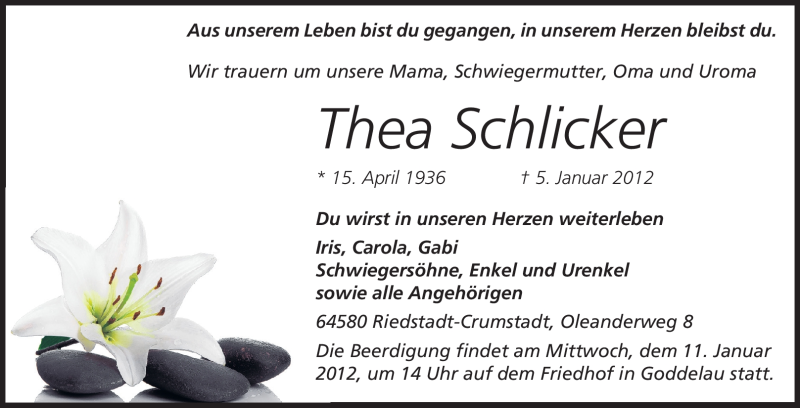  Traueranzeige für Thea Schlicker vom 09.01.2012 aus Rüsselsheimer Echo, Groß-Gerauer-Echo, Ried Echo