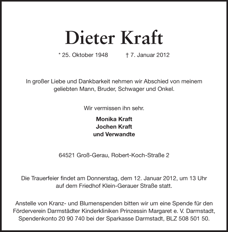  Traueranzeige für Dieter Kraft vom 10.01.2012 aus Rüsselsheimer Echo, Groß-Gerauer-Echo, Ried Echo