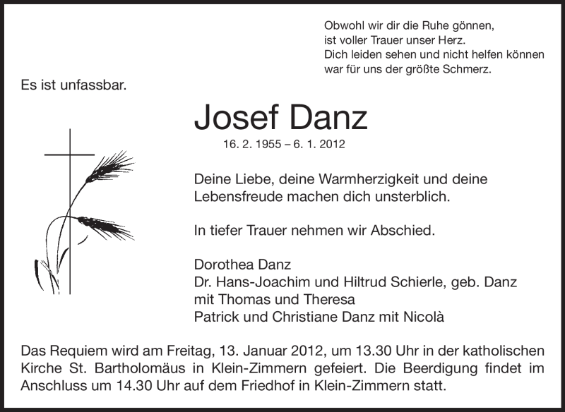  Traueranzeige für Josef Danz vom 09.01.2012 aus Echo-Zeitungen (Gesamtausgabe)