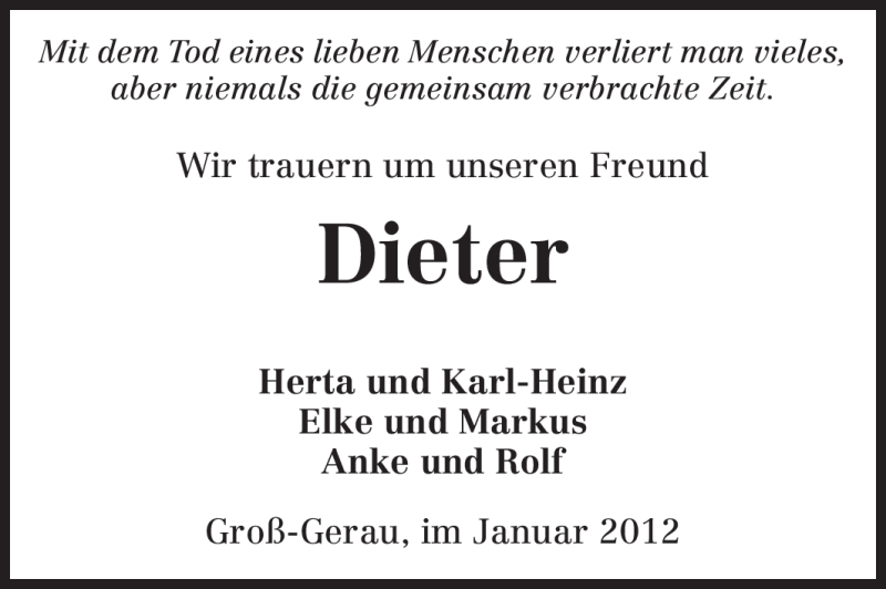  Traueranzeige für Dieter Kraft vom 10.01.2012 aus Rüsselsheimer Echo, Groß-Gerauer-Echo, Ried Echo
