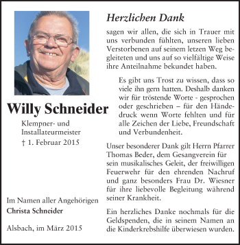 Traueranzeige von Willy Schneider von Echo-Zeitungen (Gesamtausgabe)