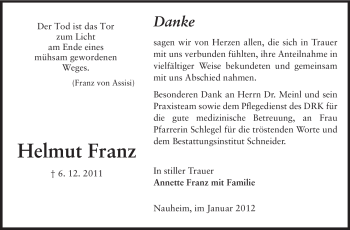 Traueranzeige von Helmut Franz von Rüsselsheimer Echo, Groß-Gerauer-Echo, Ried Echo