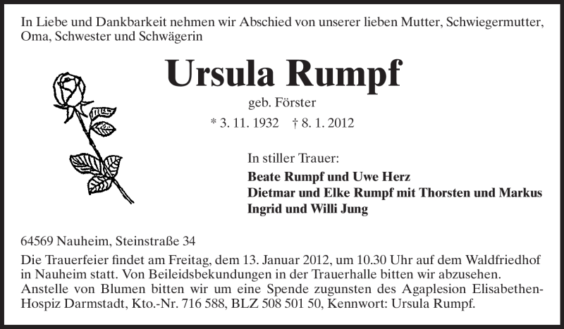  Traueranzeige für Ursula Rumpf vom 11.01.2012 aus Rüsselsheimer Echo, Groß-Gerauer-Echo, Ried Echo